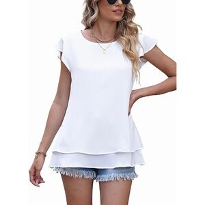 Lime Flare Short Sleeve Scoop Neck Layered Blouse in White Women's Size M